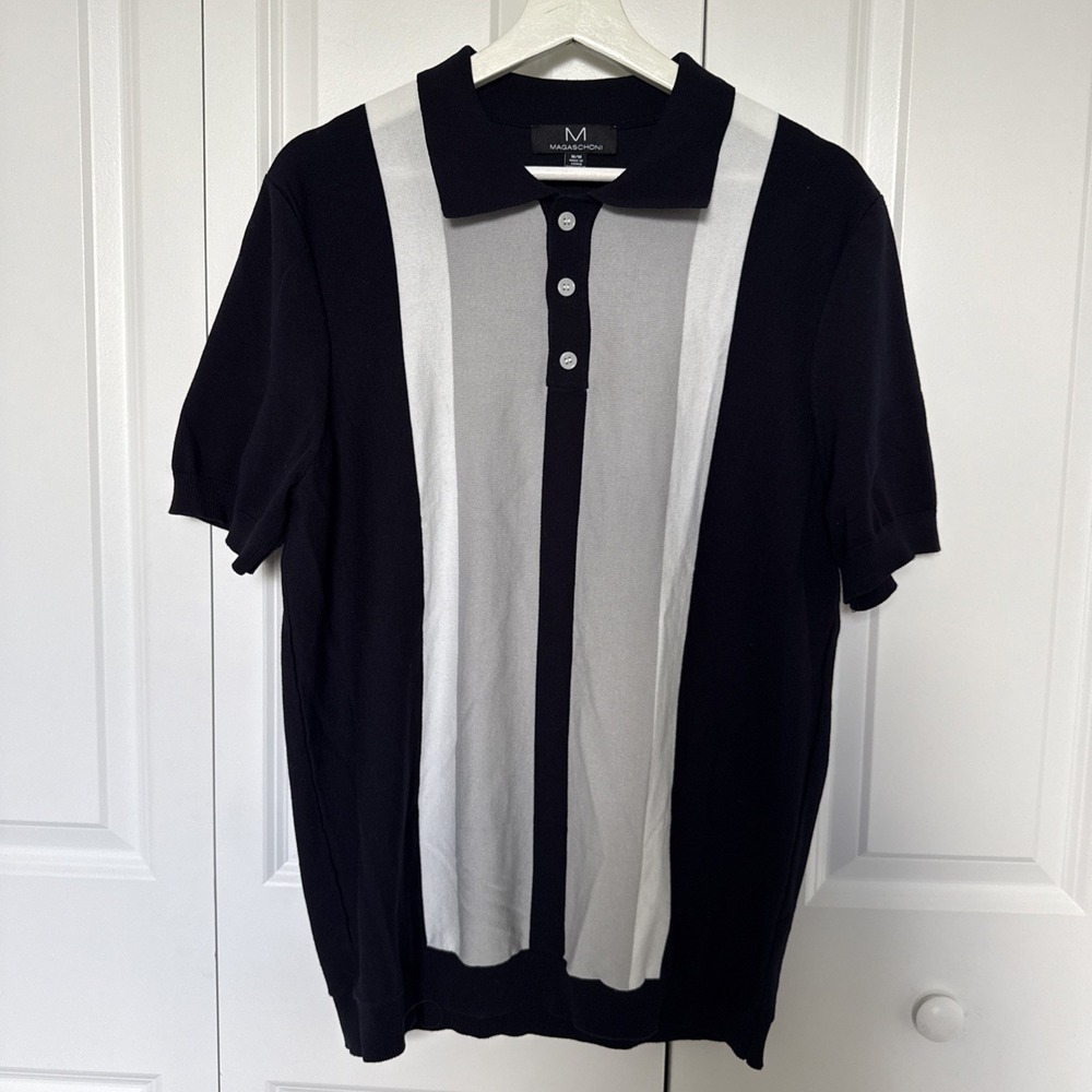 Mens‎ Magaschoni Knit Polo Striped Size M Quiet Luxury Old Money Preppy Timeless